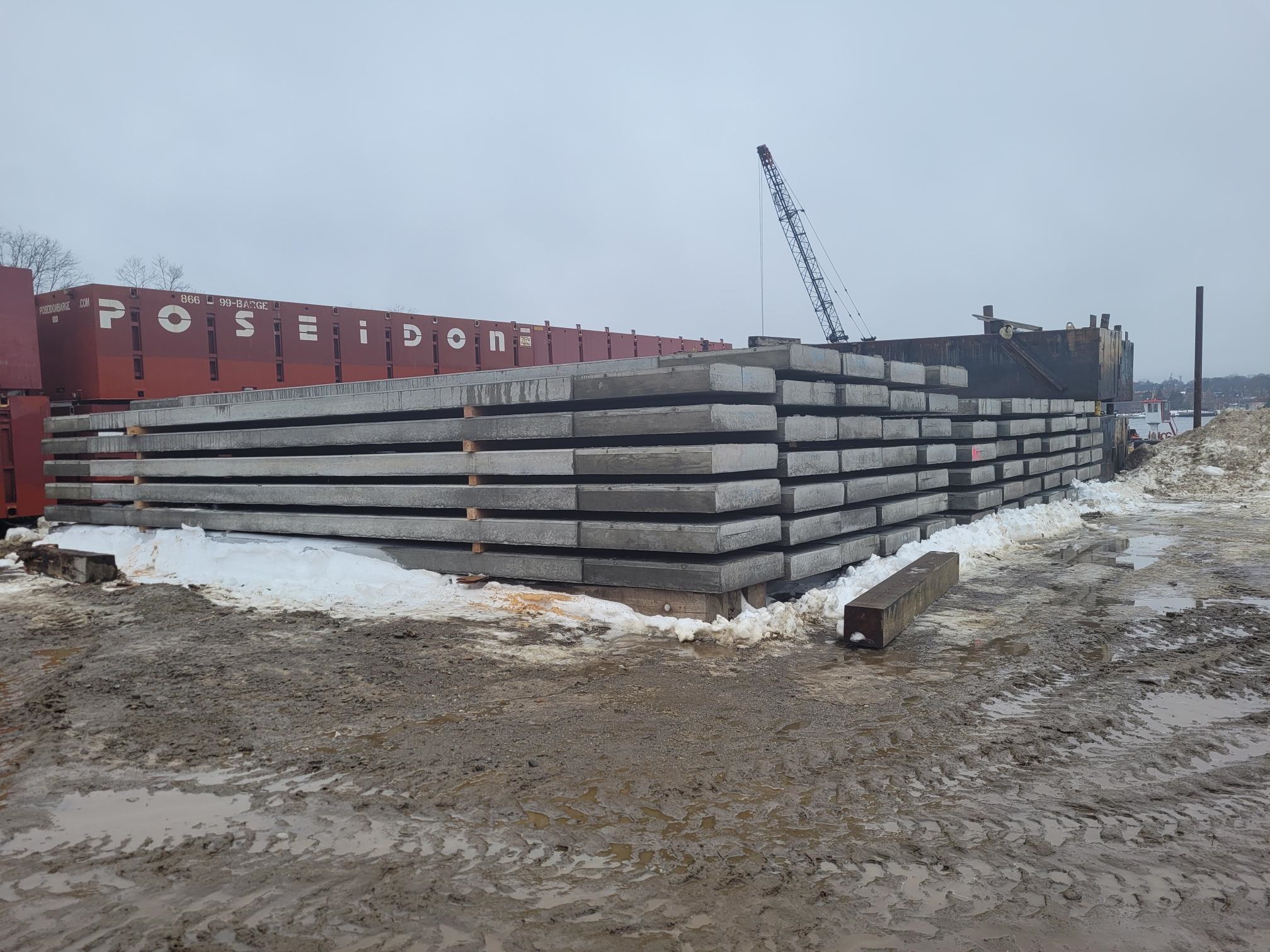 Stack of completed deck panels for temporary bridges